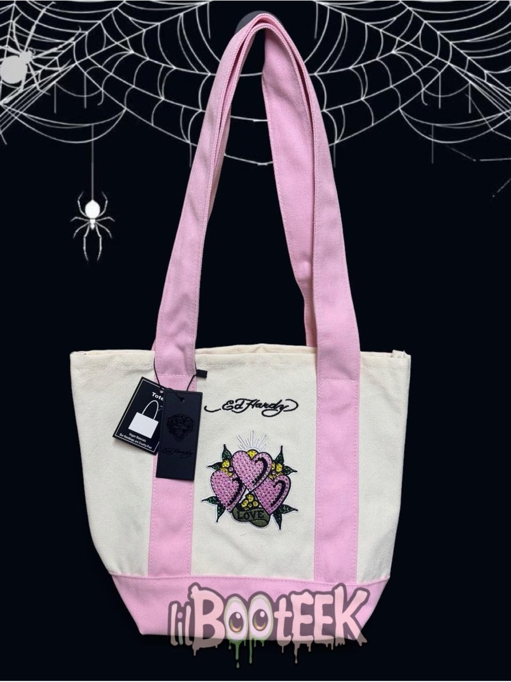 Ed Hardy Pink Canvas Mini Tote Bag w Rhinestone Hearts Love Logo VIRAL Y2K